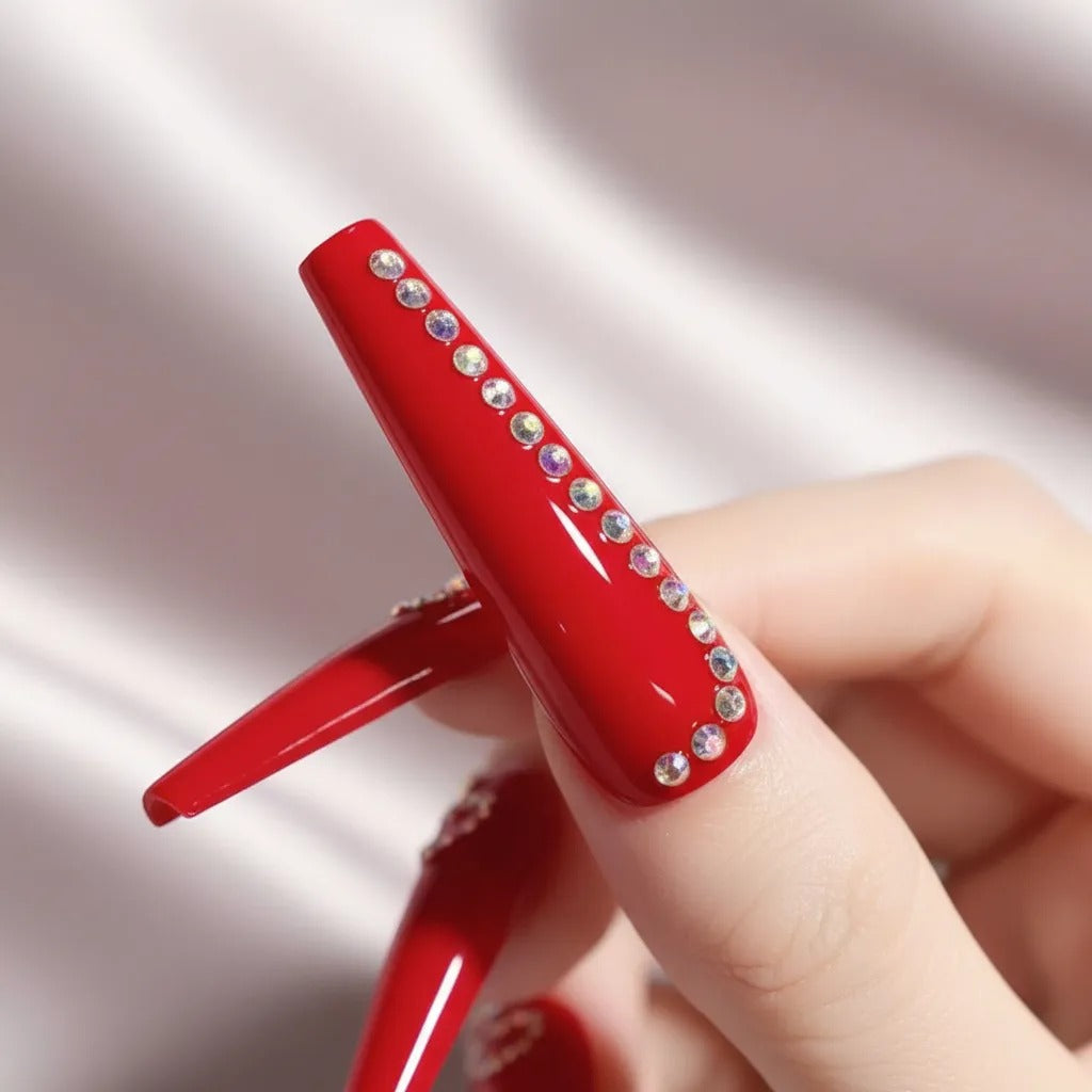 Uñas Press On color Rojo y Plateado XXL