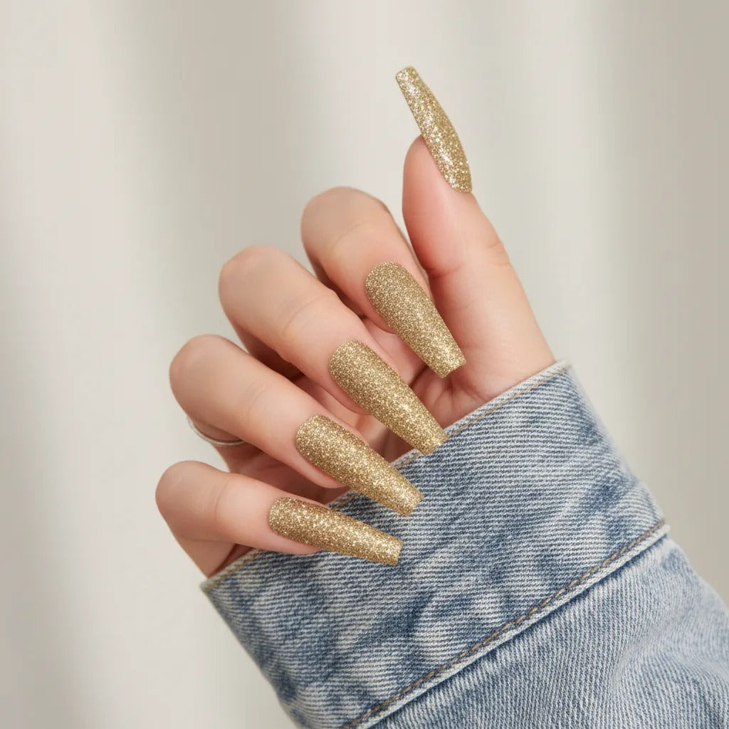 Uñas Press On estilo Ballerina Larga en color oro con purpurina