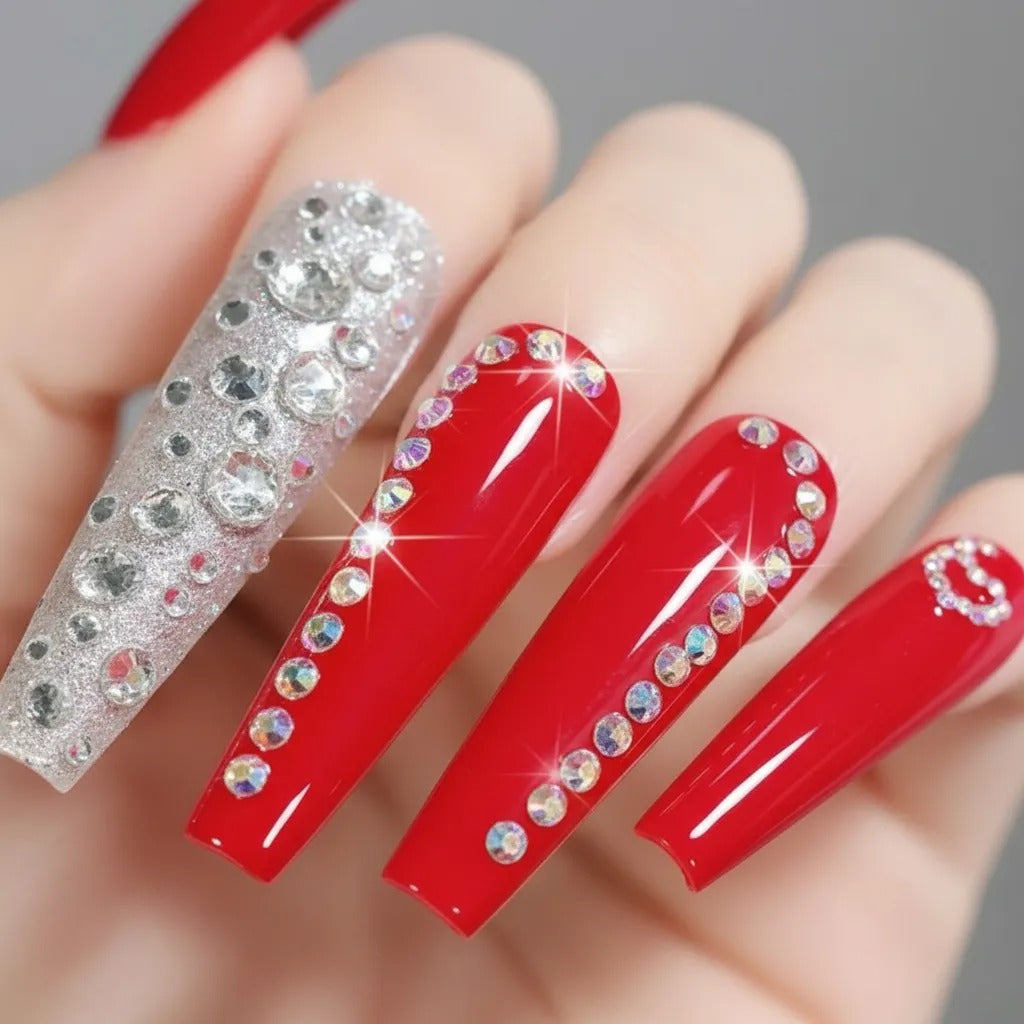 Uñas Press On color Rojo y Plateado XXL