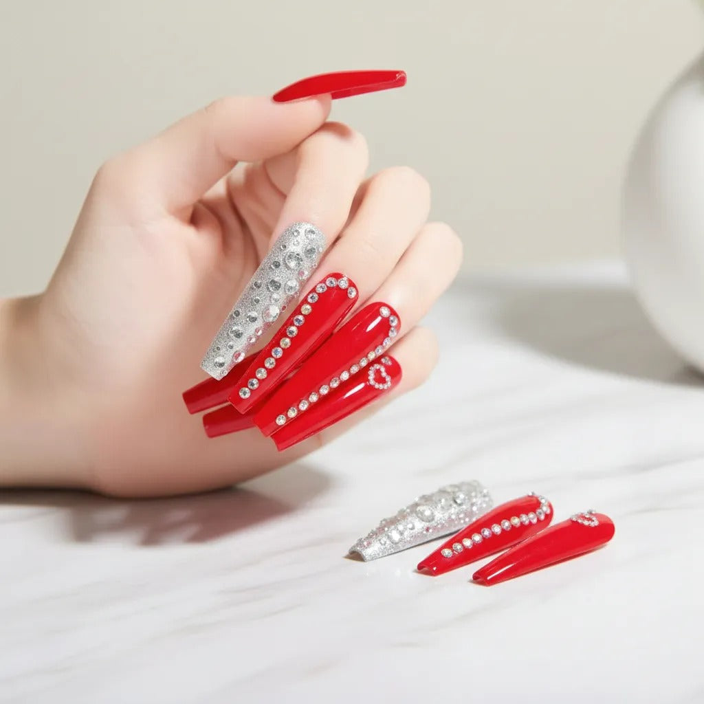 Uñas Press On color Rojo y Plateado XXL