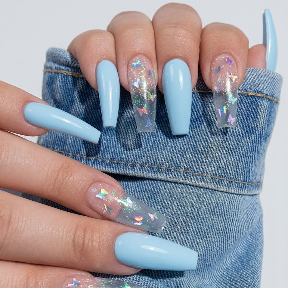 Uñas Press On Color Azul y Rosa con diseños de mariposas
